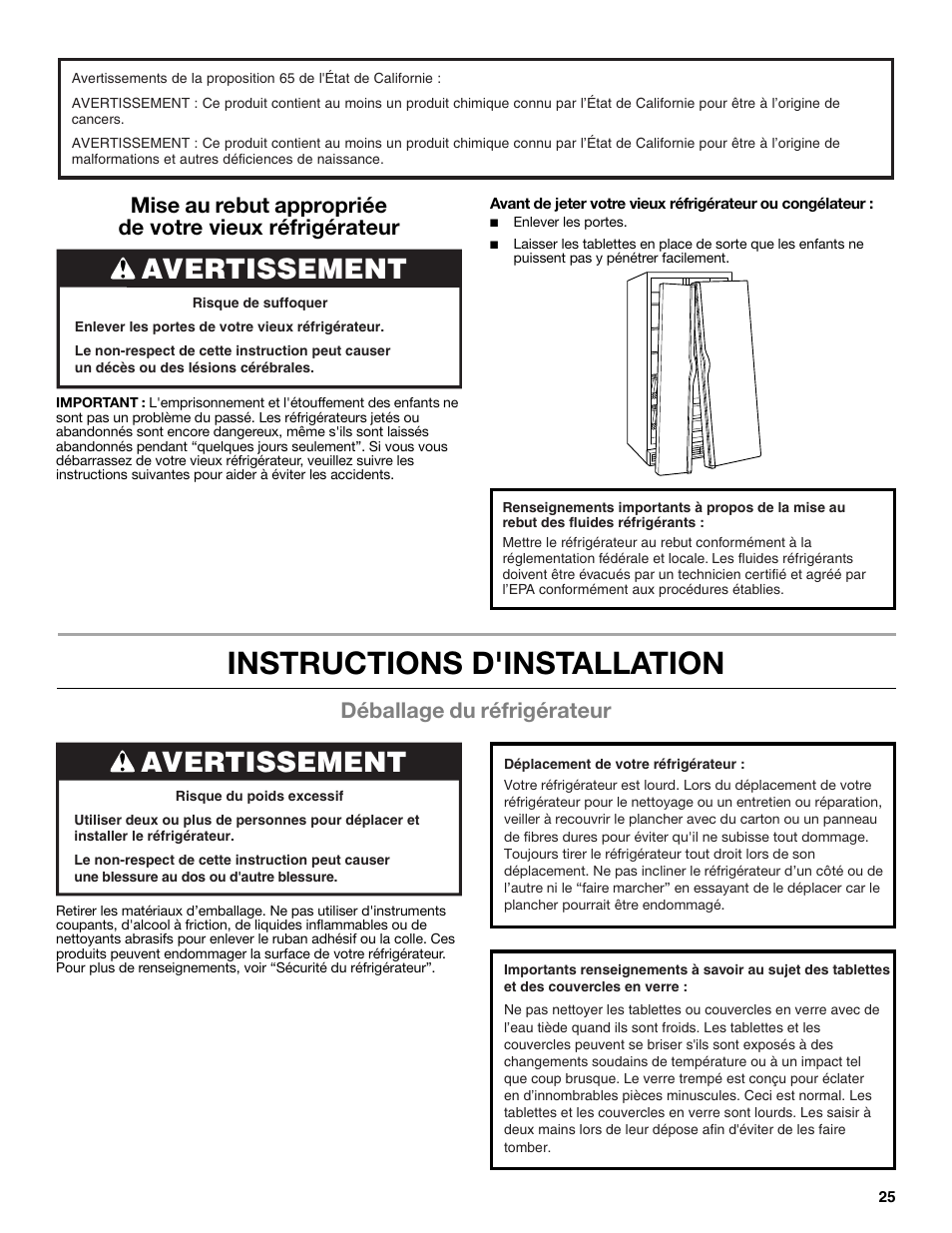 Instructions d'installation, Avertissement, Déballage du réfrigérateur | Whirlpool WRS322FNAM User Manual | Page 25 / 36