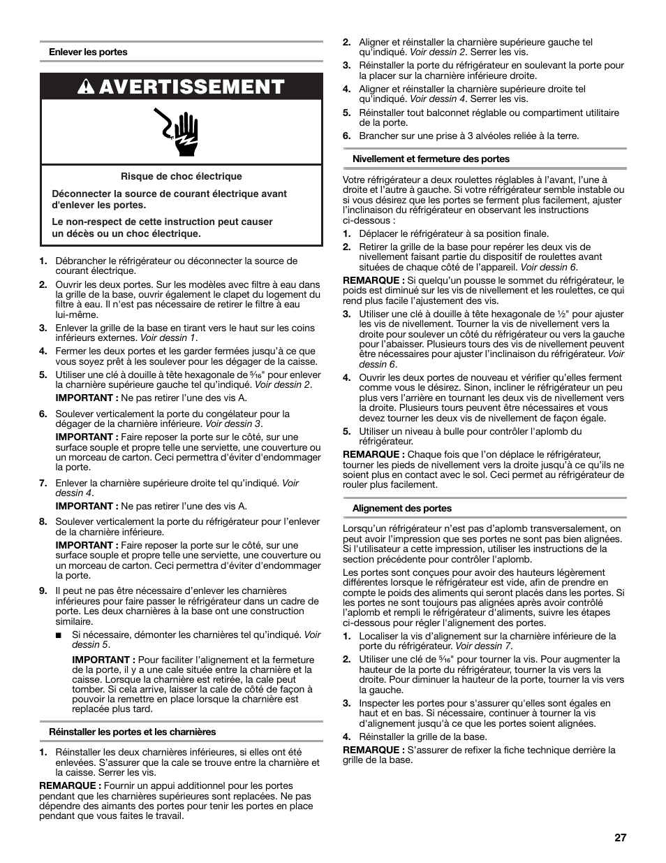 Avertissement | Whirlpool WRS322FNAM User Manual | Page 27 / 36