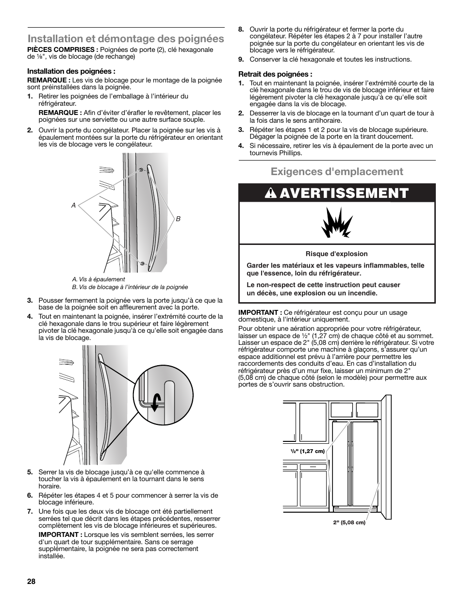 Avertissement, Installation et démontage des poignées, Exigences d'emplacement | Whirlpool WRS322FNAM User Manual | Page 28 / 36