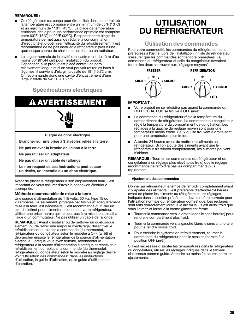 Utilisation du réfrigérateur, Avertissement, Spécifications électriques | Utilisation des commandes | Whirlpool WRS322FNAM User Manual | Page 29 / 36