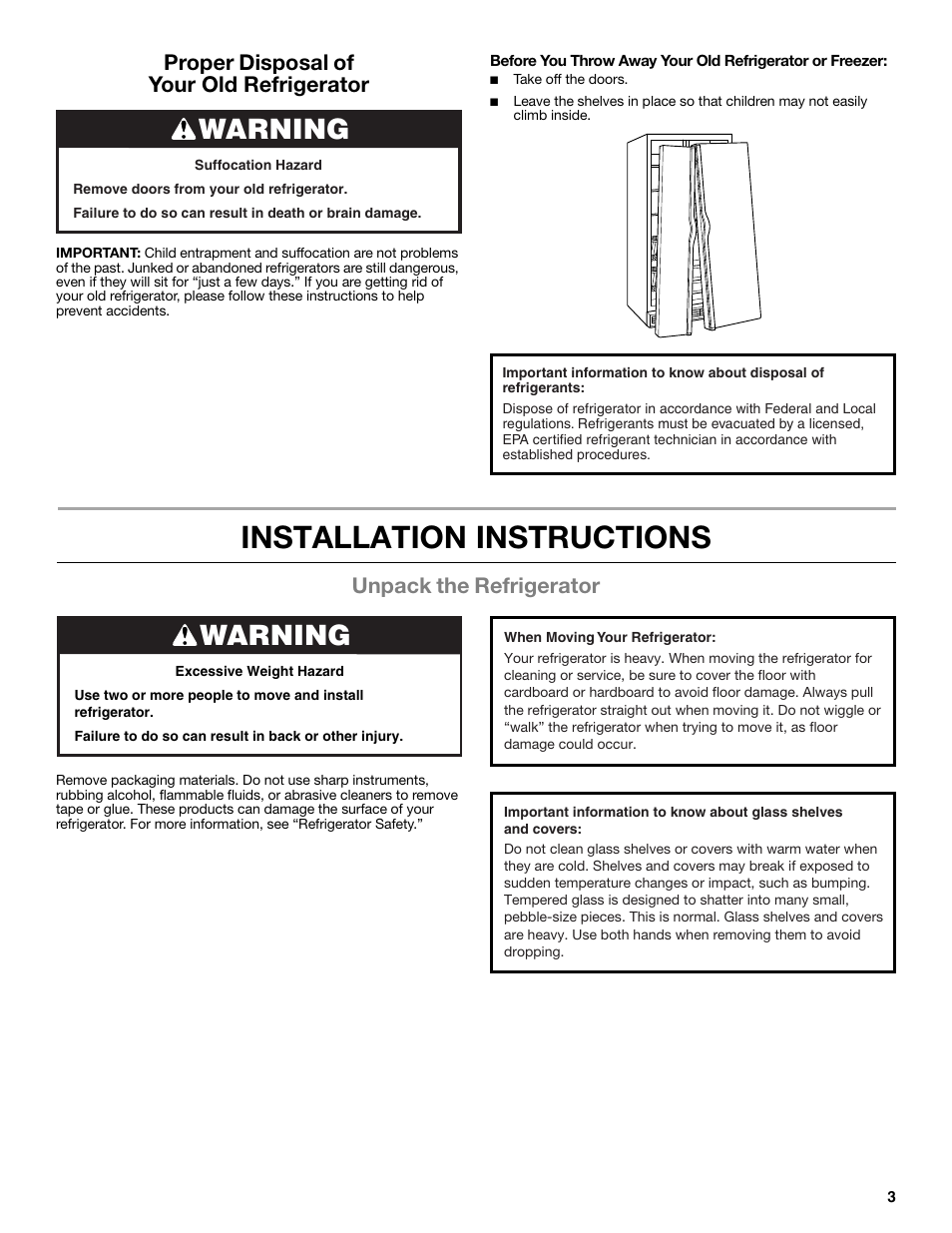 Installation instructions, Warning, Proper disposal of your old refrigerator | Unpack the refrigerator | Whirlpool WRS322FNAM User Manual | Page 3 / 36