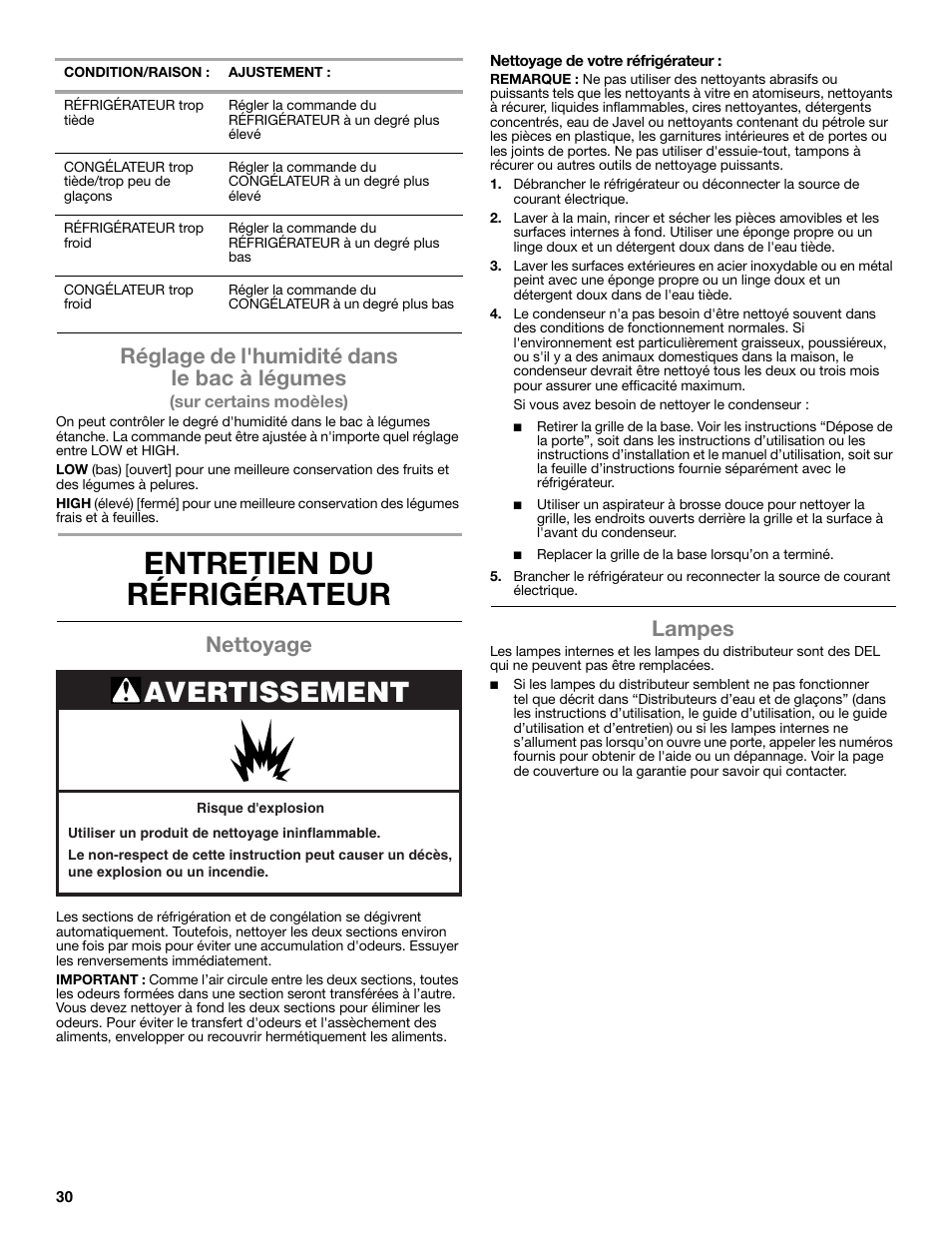 Entretien du réfrigérateur, Avertissement, Réglage de l'humidité dans le bac à légumes | Nettoyage, Lampes | Whirlpool WRS322FNAM User Manual | Page 30 / 36