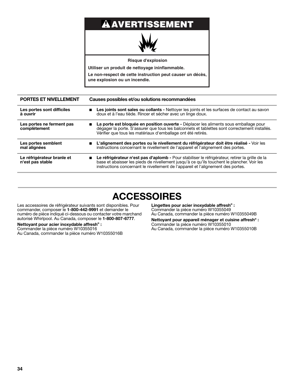 Accessoires, Avertissement | Whirlpool WRS322FNAM User Manual | Page 34 / 36