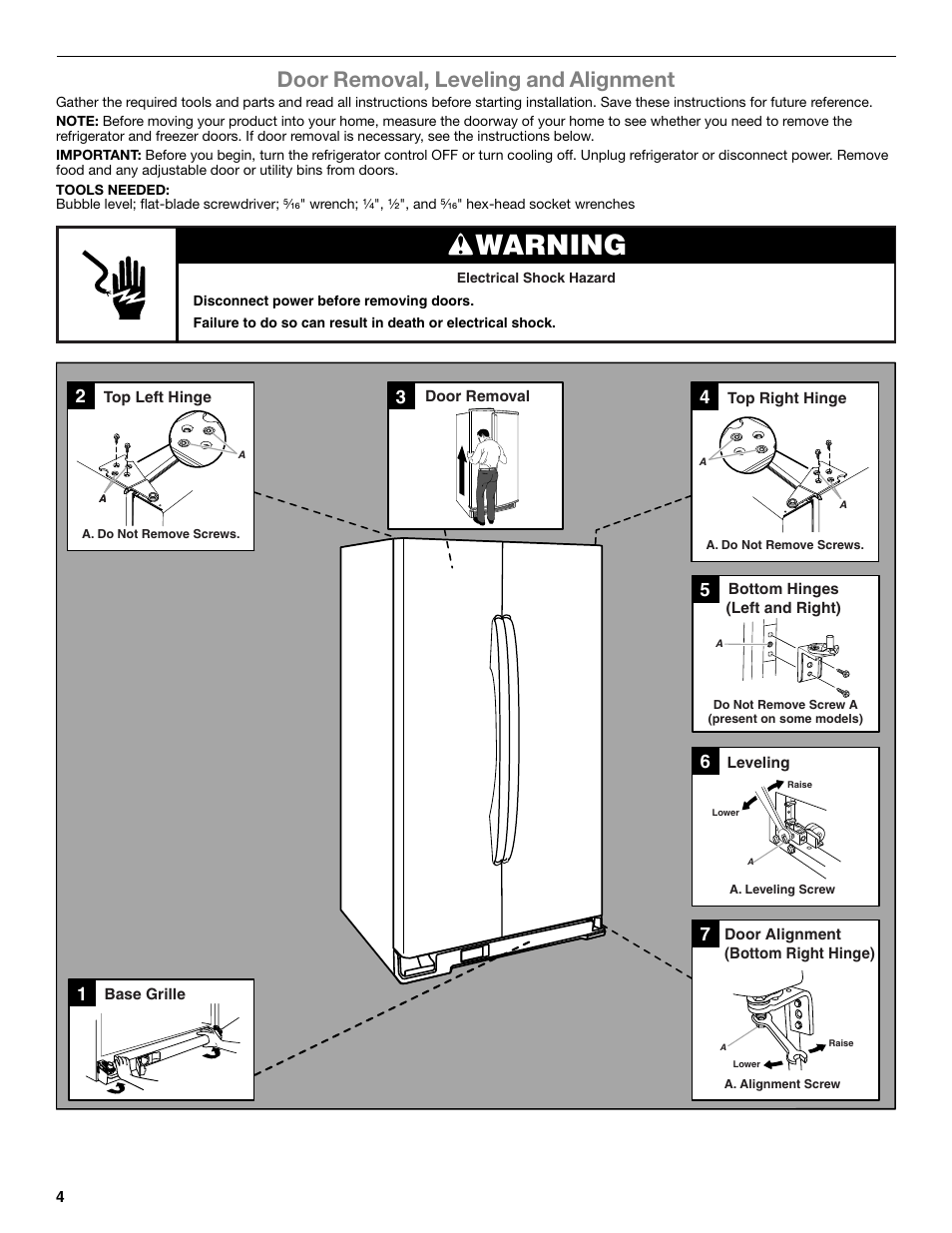 Warning, Door removal, leveling and alignment | Whirlpool WRS322FNAM User Manual | Page 4 / 36