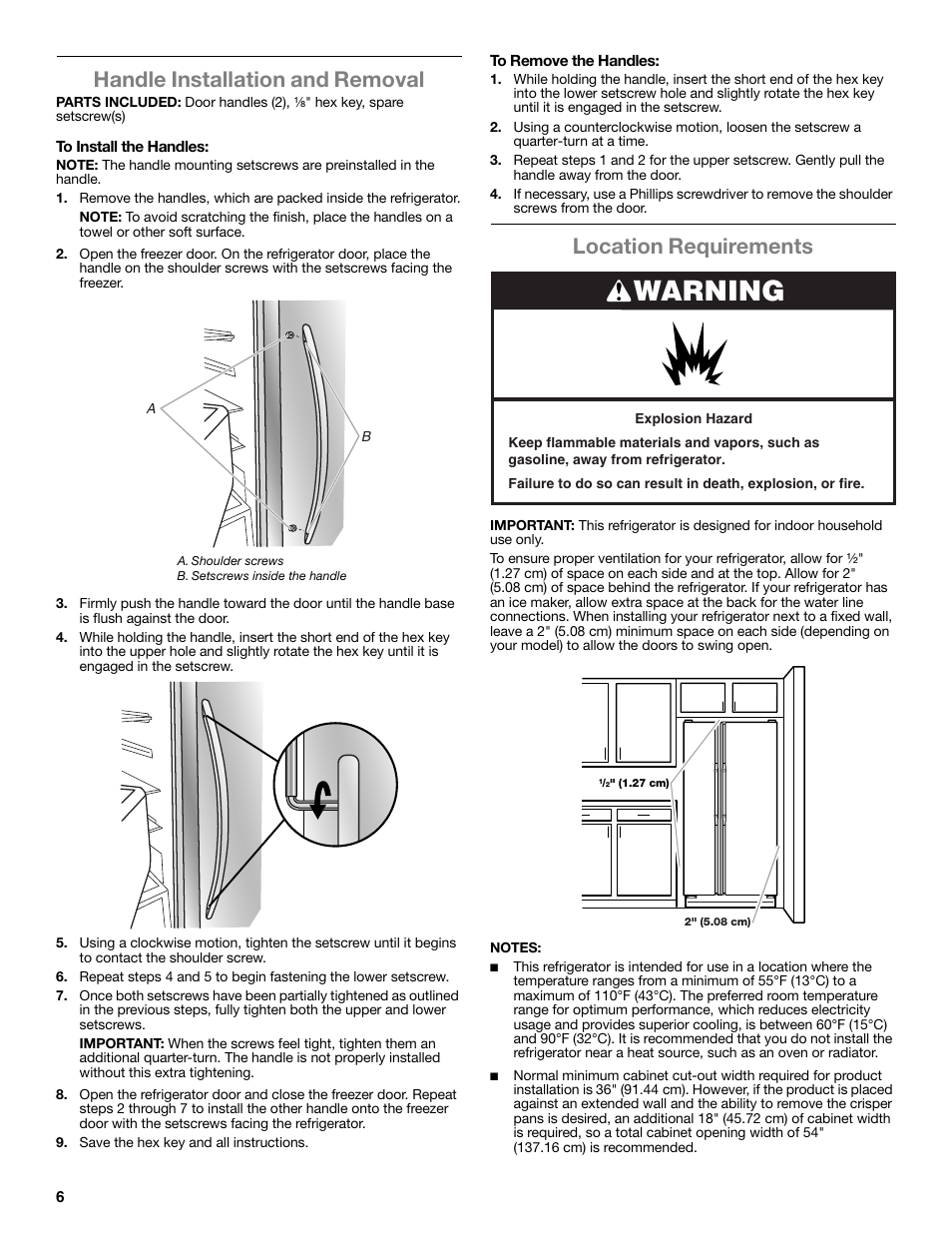 Warning, Handle installation and removal, Location requirements | Whirlpool WRS322FNAM User Manual | Page 6 / 36