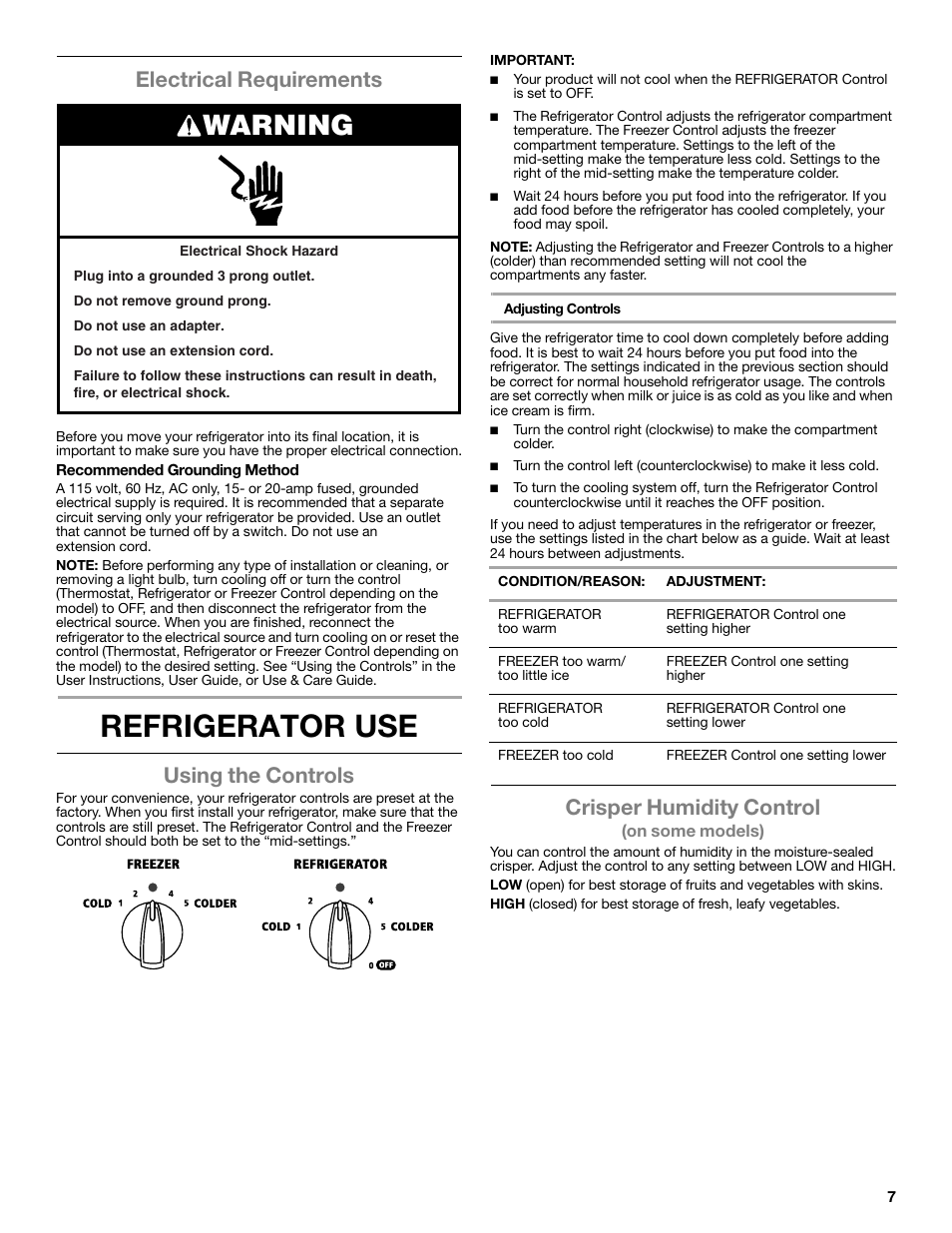 Refrigerator use, Warning, Electrical requirements | Using the controls, Crisper humidity control | Whirlpool WRS322FNAM User Manual | Page 7 / 36