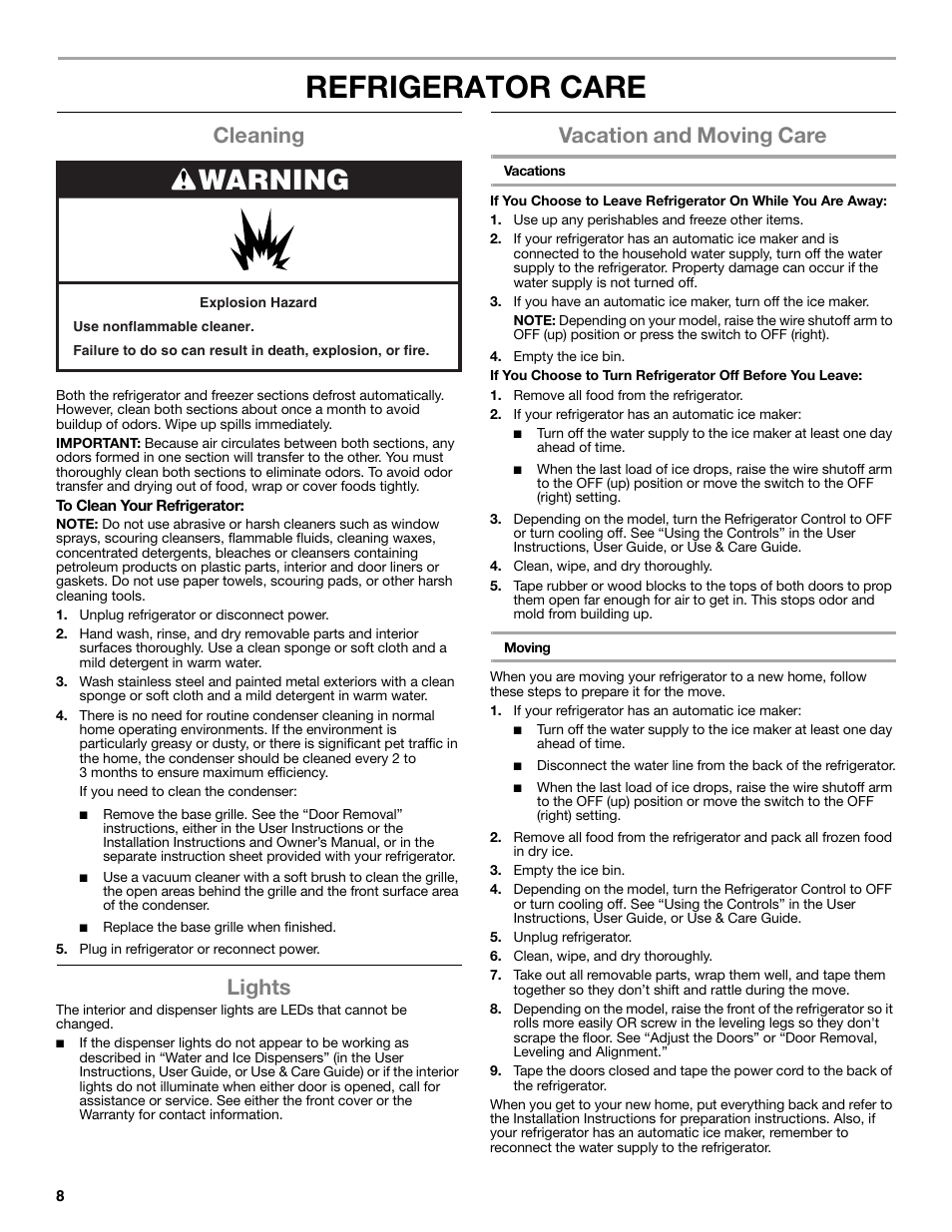 Refrigerator care, Warning, Cleaning | Lights, Vacation and moving care | Whirlpool WRS322FNAM User Manual | Page 8 / 36