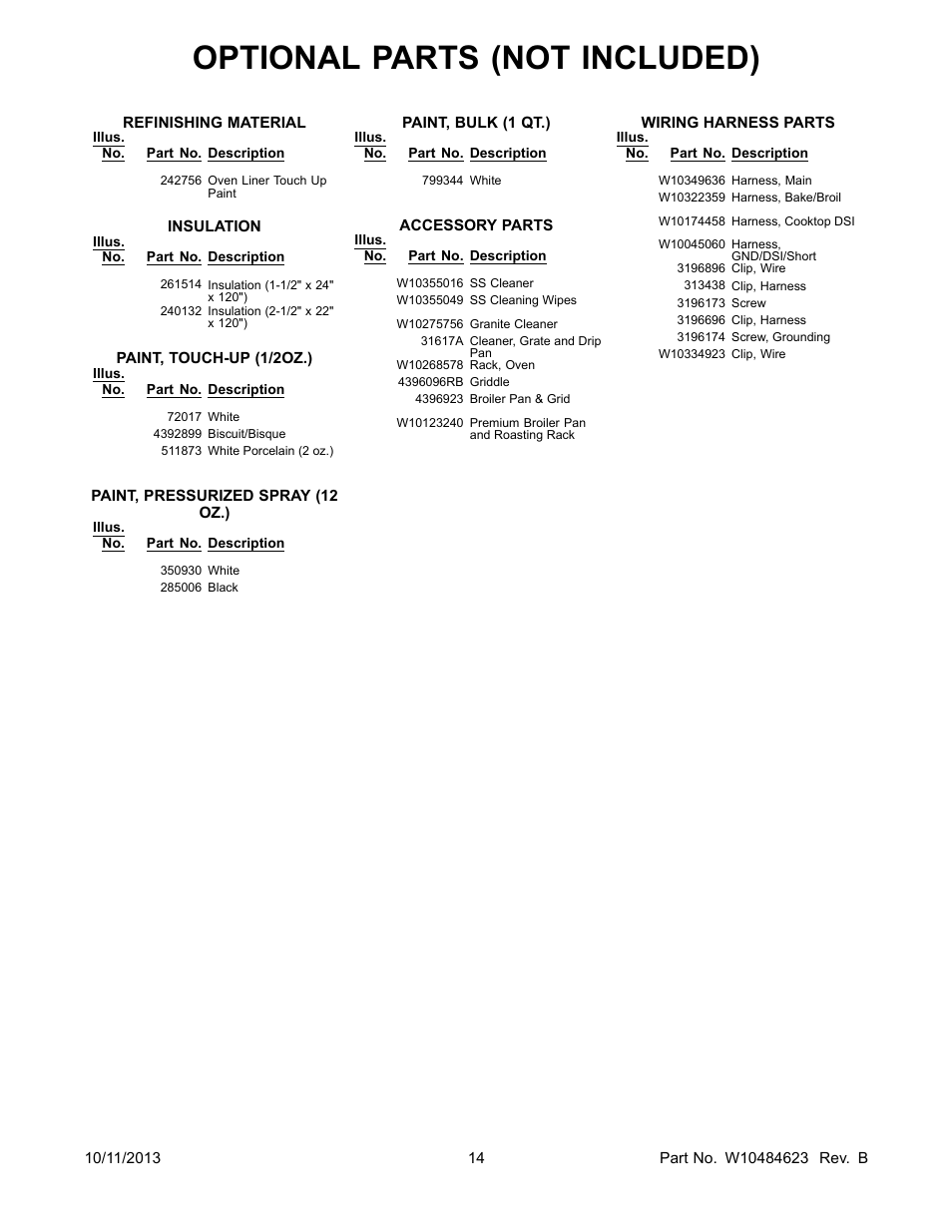 Optional, Optional parts (not included) | Whirlpool WFG520S0AS User Manual | Page 14 / 14
