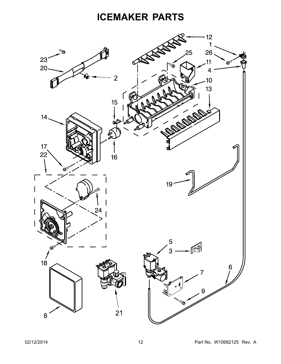 Icemaker, Icemaker parts | Whirlpool WRF560SEYW User Manual | Page 12 / 18