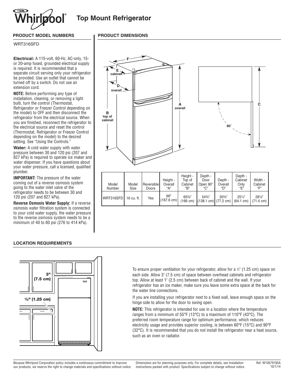 Whirlpool WRT316SFDM User Manual | 1 page