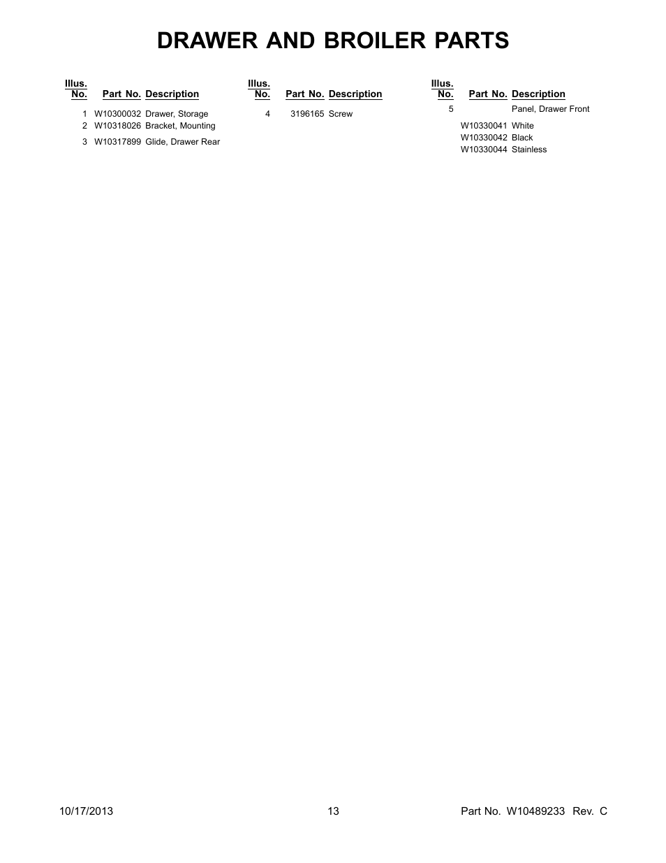 Drawer and broiler parts | Whirlpool WFG710H0AS User Manual | Page 13 / 14