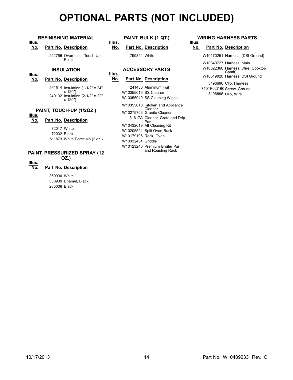 Optional, Optional parts (not included) | Whirlpool WFG710H0AS User Manual | Page 14 / 14