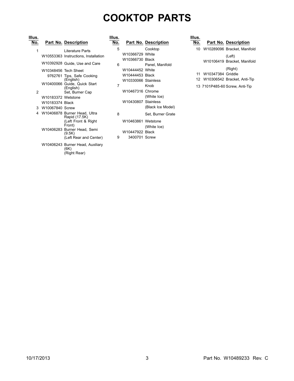 Literature, Cooktop parts | Whirlpool WFG710H0AS User Manual | Page 3 / 14