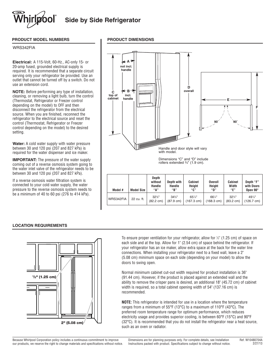 Whirlpool WRS342FIAW User Manual | 1 page