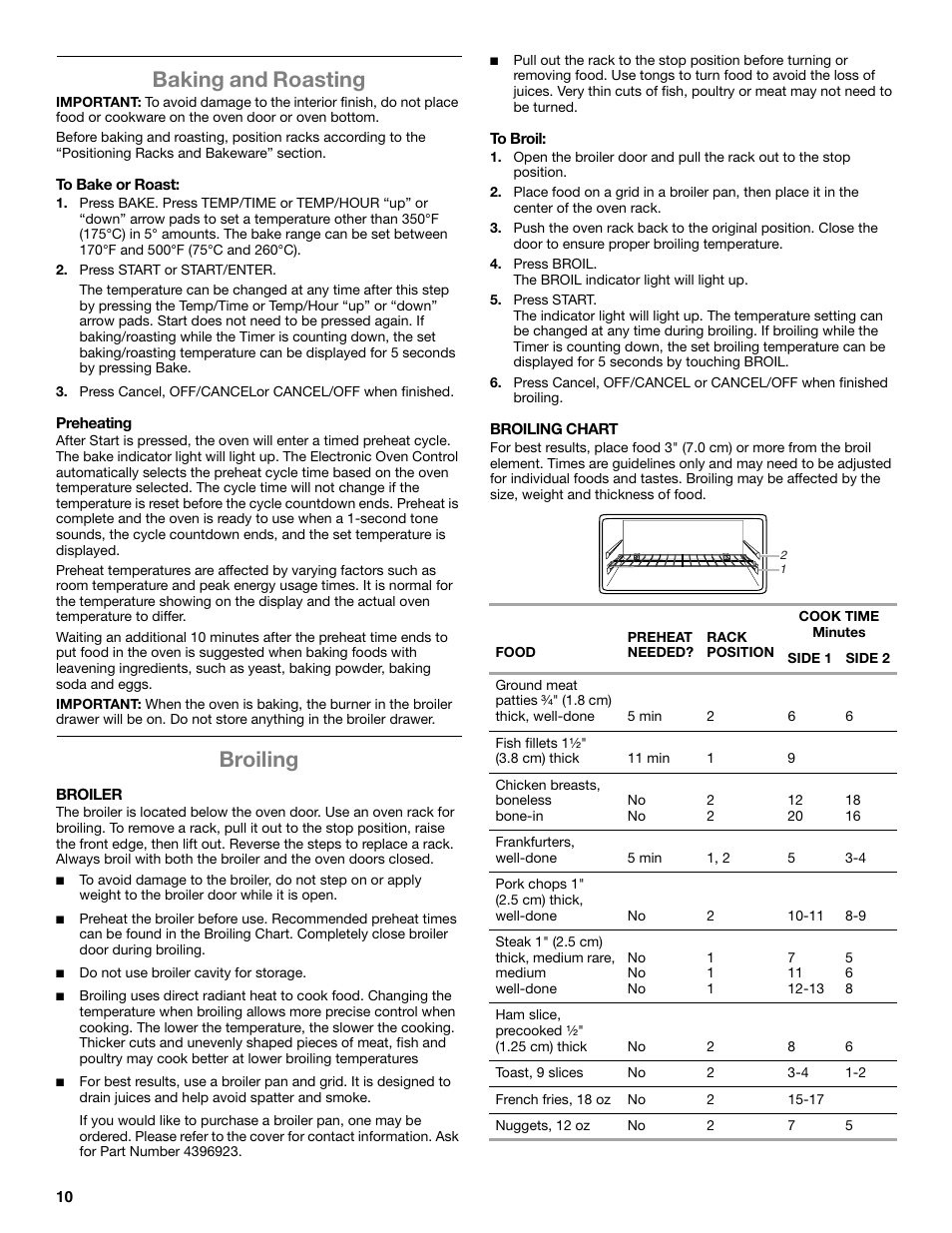 Baking and roasting, Broiling | Whirlpool WFG320M0BS User Manual | Page 10 / 16