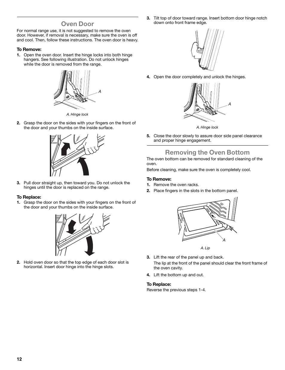 Oven door, Removing the oven bottom | Whirlpool WFG320M0BS User Manual | Page 12 / 16