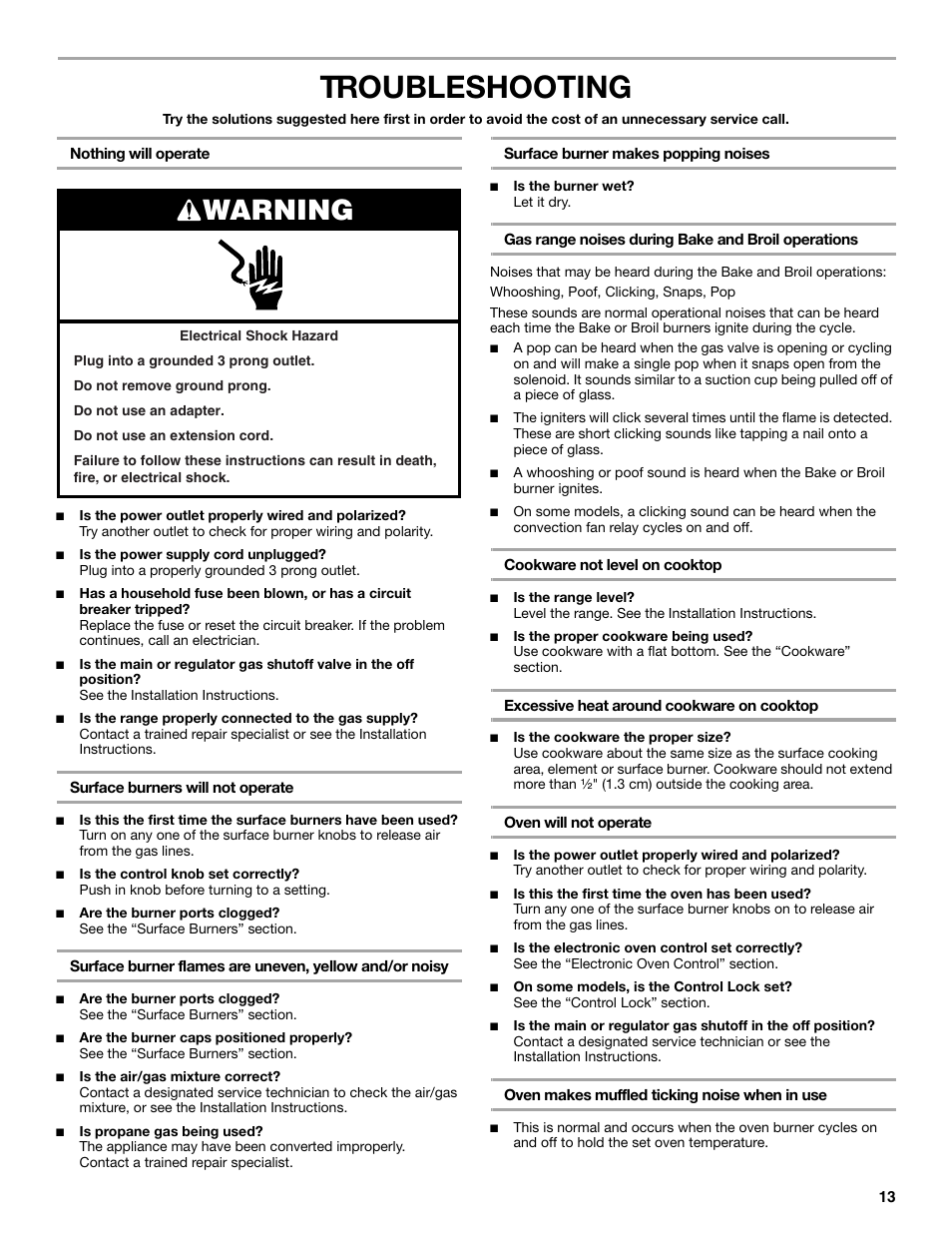 Troubleshooting, Warning | Whirlpool WFG320M0BS User Manual | Page 13 / 16