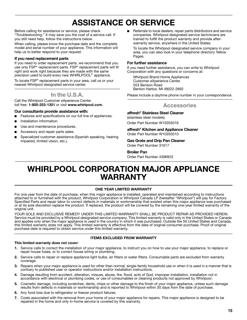 Assistance or service, Whirlpool corporation major appliance warranty, Accessories | Whirlpool WFG320M0BS User Manual | Page 15 / 16