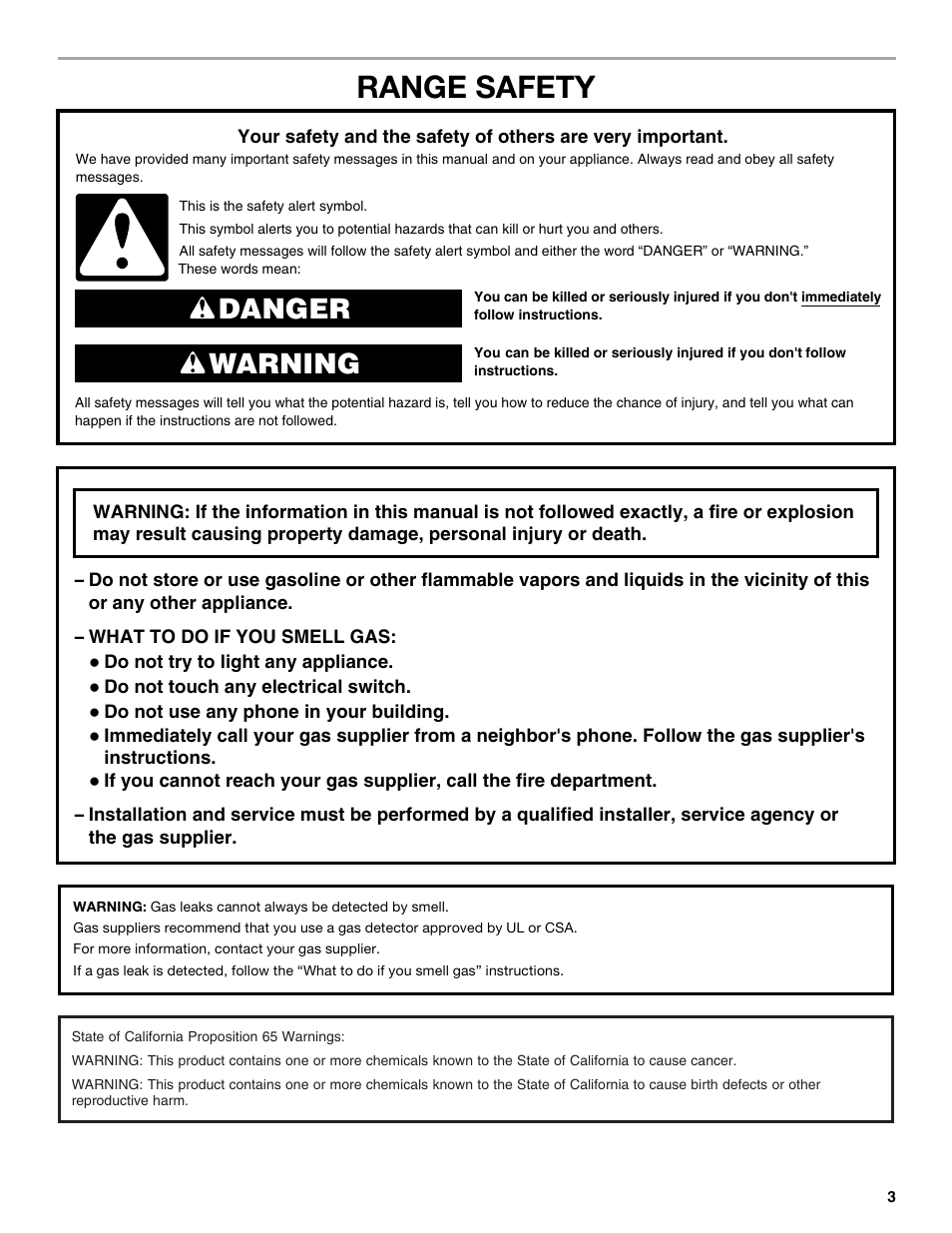 Range safety, Danger warning | Whirlpool WFG320M0BS User Manual | Page 3 / 16