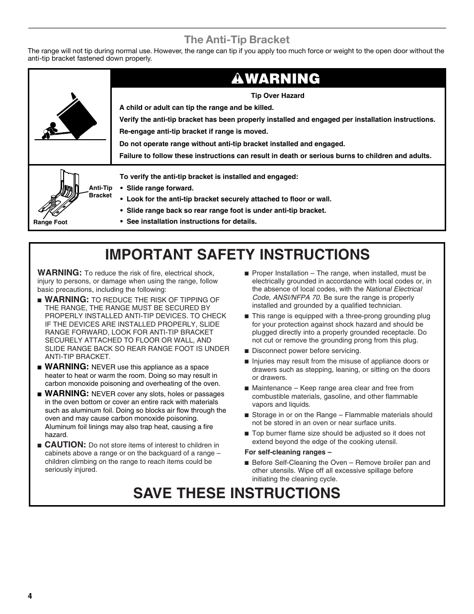 Warning, The anti-tip bracket | Whirlpool WFG320M0BS User Manual | Page 4 / 16