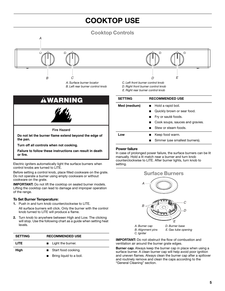 Cooktop use, Warning, Cooktop controls | Surface burners | Whirlpool WFG320M0BS User Manual | Page 5 / 16