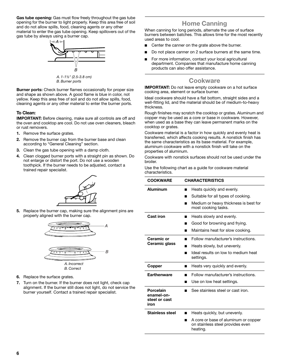 Home canning, Cookware | Whirlpool WFG320M0BS User Manual | Page 6 / 16