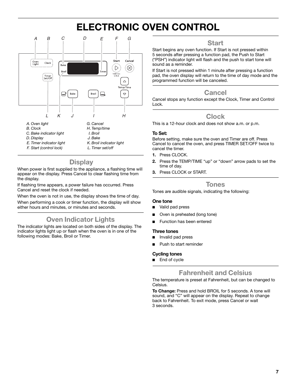 Electronic oven control, Display, Oven indicator lights | Start, Cancel, Clock, Tones, Fahrenheit and celsius | Whirlpool WFG320M0BS User Manual | Page 7 / 16