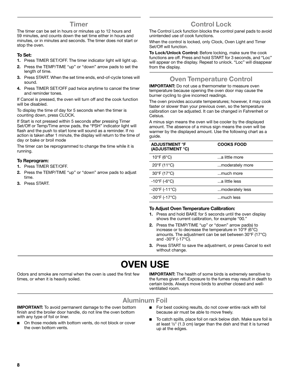 Oven use, Timer, Control lock | Oven temperature control, Aluminum foil | Whirlpool WFG320M0BS User Manual | Page 8 / 16