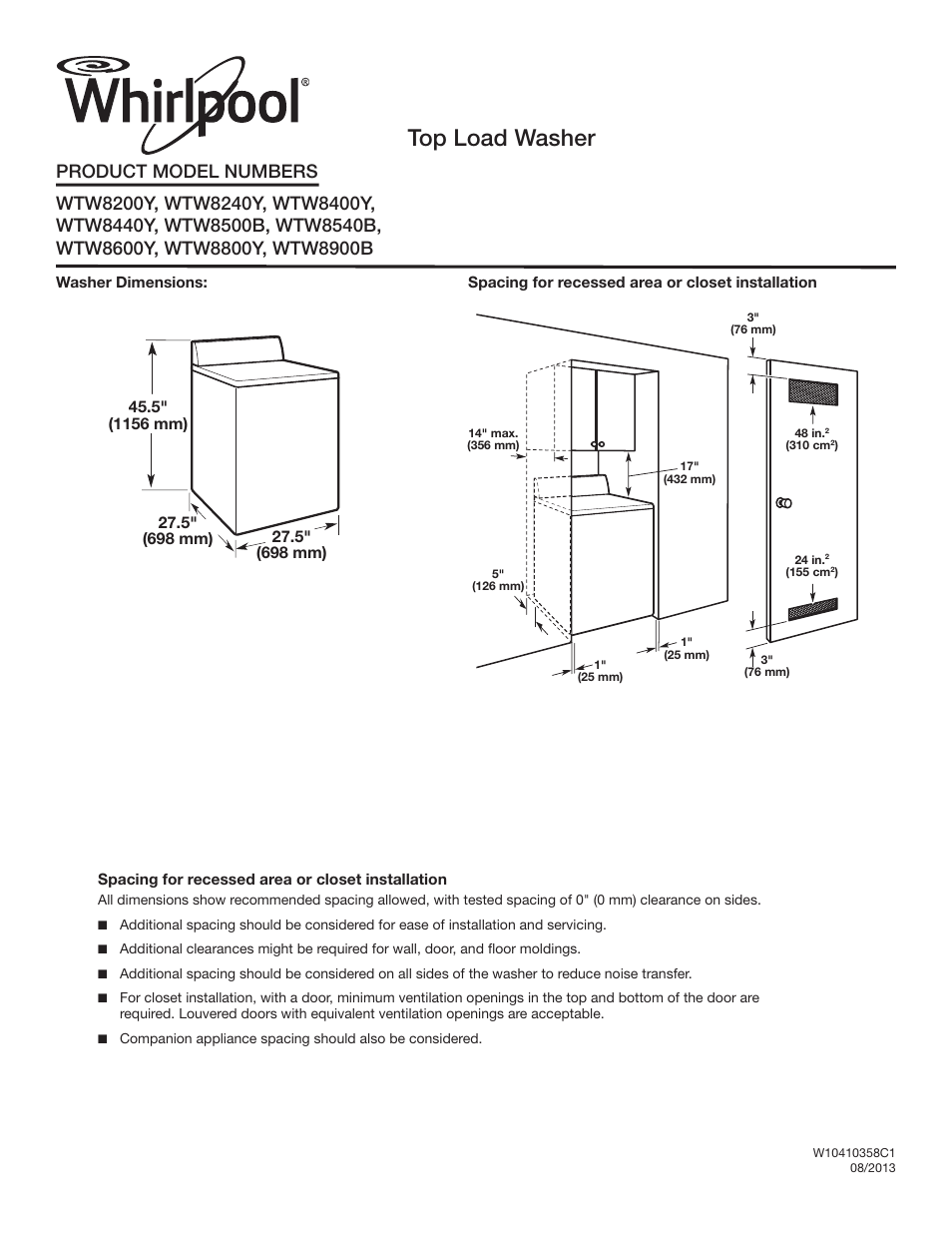 Whirlpool WTW8500BW User Manual | 2 pages