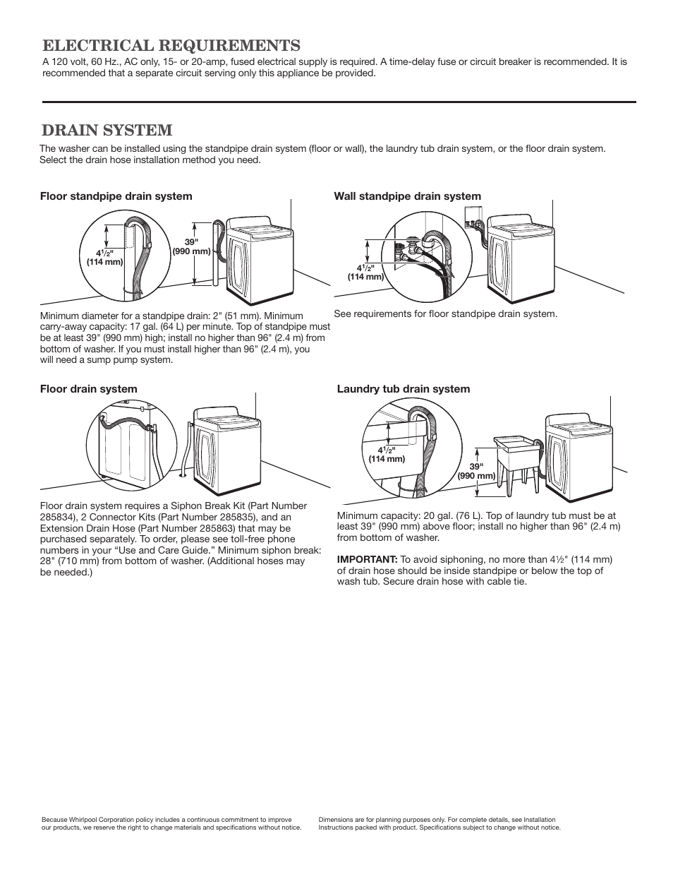 Electrical requirements drain system | Whirlpool WTW8500BW User Manual | Page 2 / 2