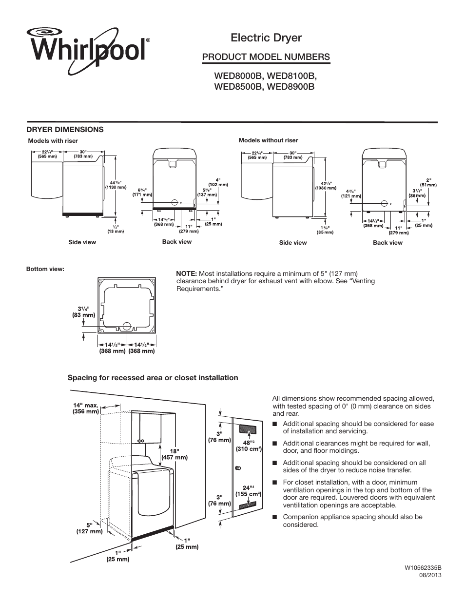 Whirlpool WED8000BW User Manual | 2 pages