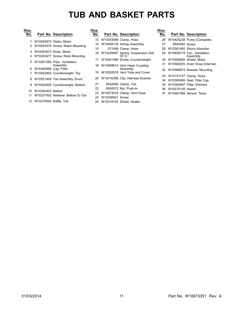 Tub and basket parts | Whirlpool WFW86HEBC User Manual | Page 11 / 12