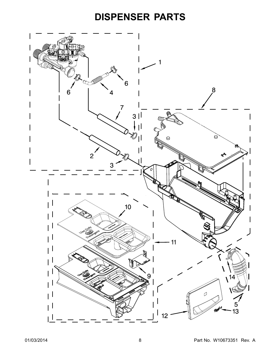 Dispenser, Dispenser parts | Whirlpool WFW86HEBC User Manual | Page 8 / 12