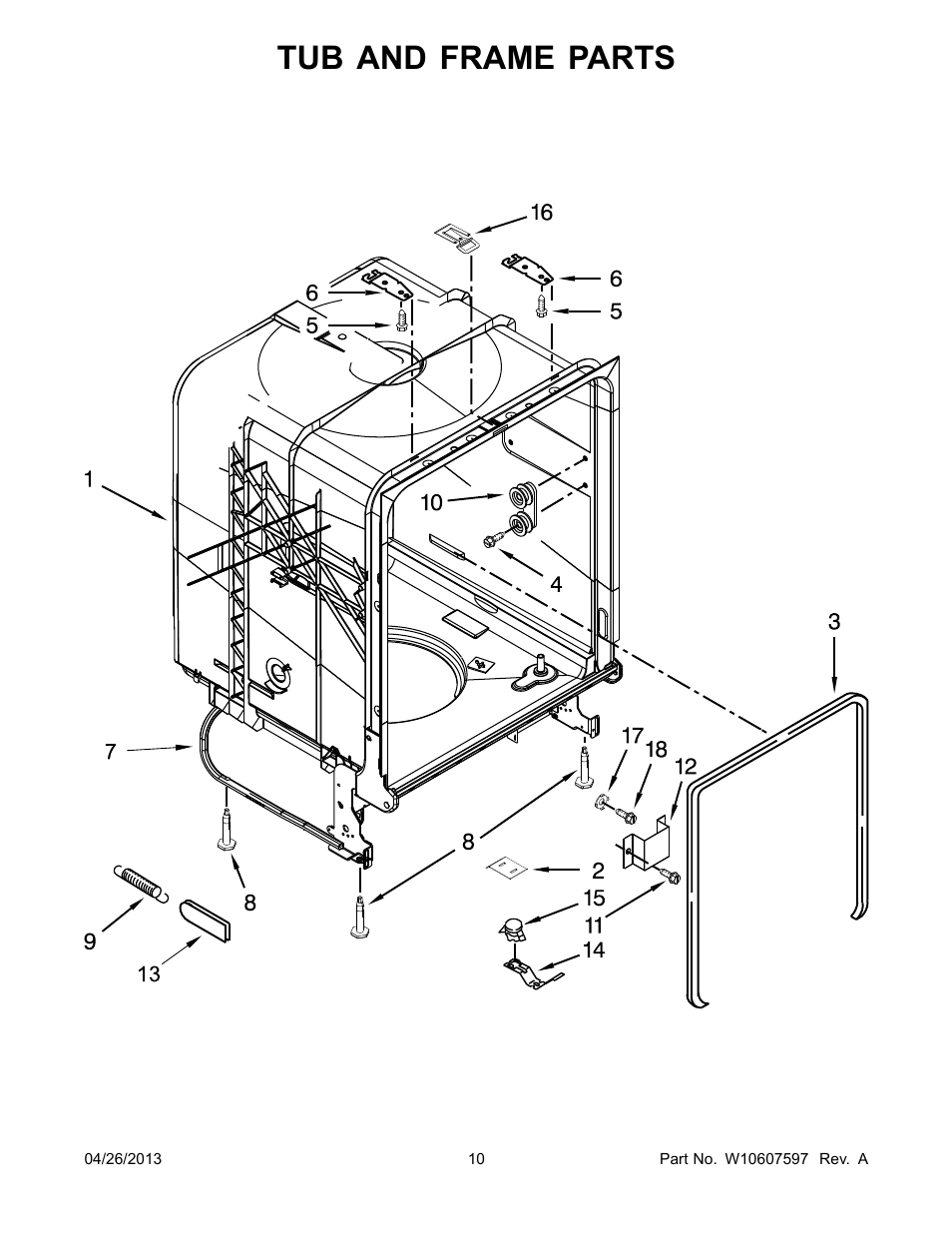 Tub and frame, Tub and frame parts | Whirlpool WDF110PABB User Manual | Page 10 / 22