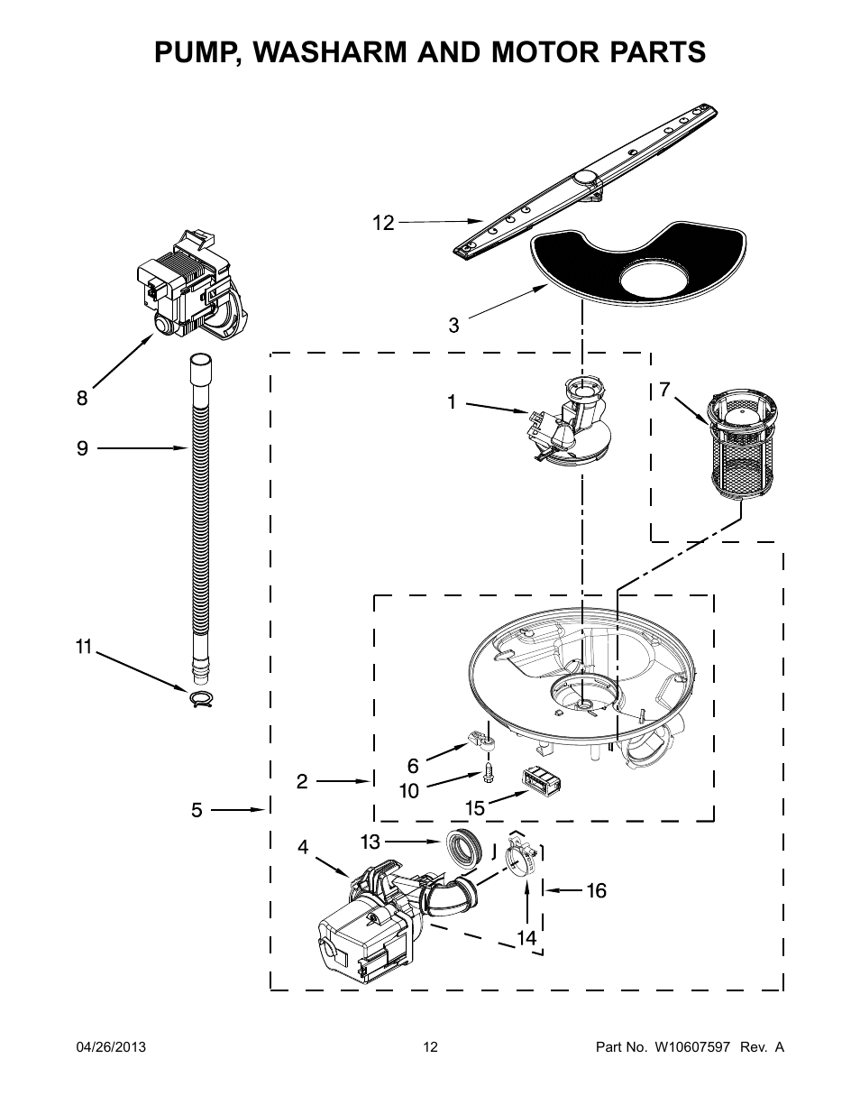 Pump, washarm and motor, Pump, washarm and motor parts | Whirlpool WDF110PABB User Manual | Page 12 / 22