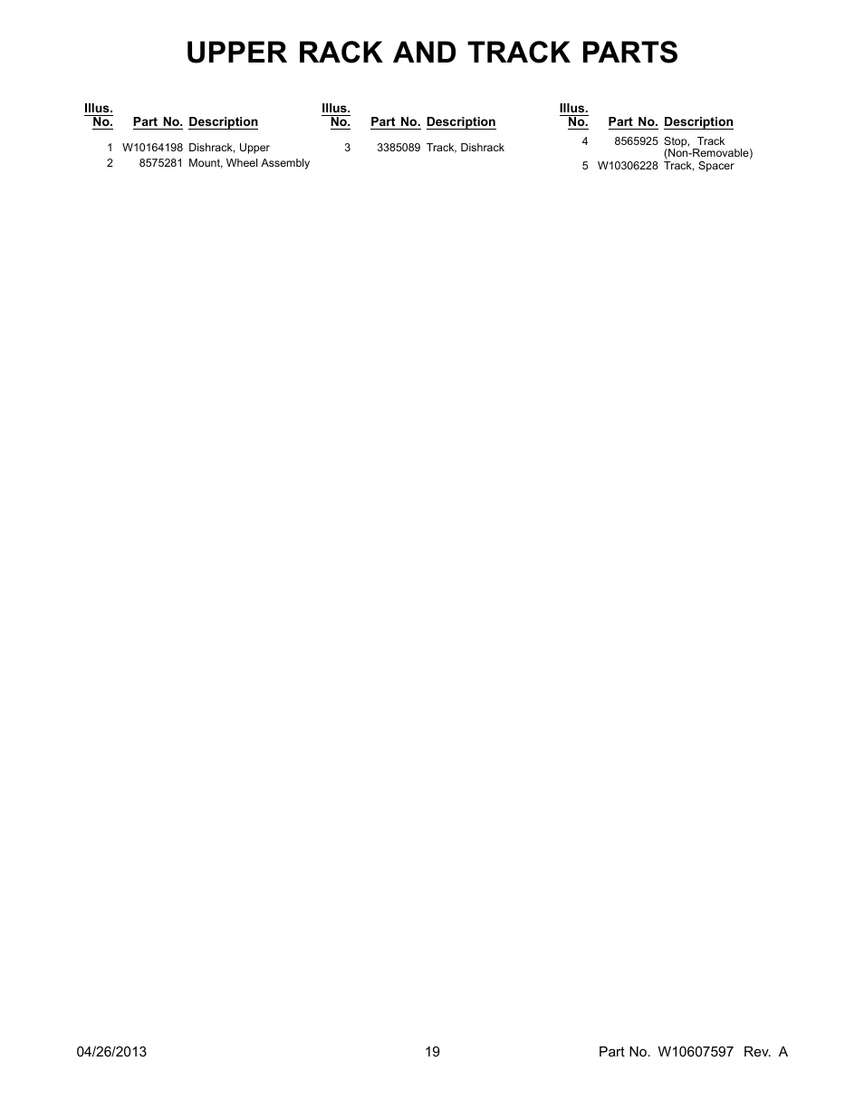 Upper rack and track parts | Whirlpool WDF110PABB User Manual | Page 19 / 22