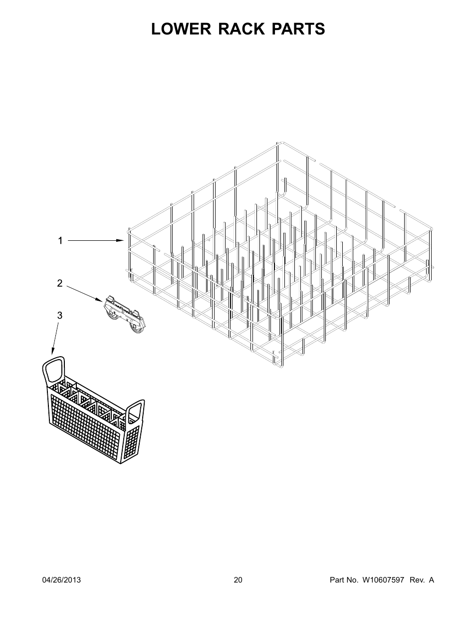 Lower rack, Lower rack parts | Whirlpool WDF110PABB User Manual | Page 20 / 22