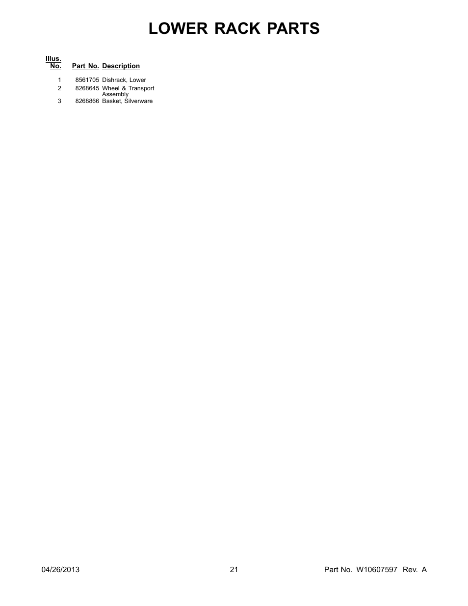 Lower rack parts | Whirlpool WDF110PABB User Manual | Page 21 / 22