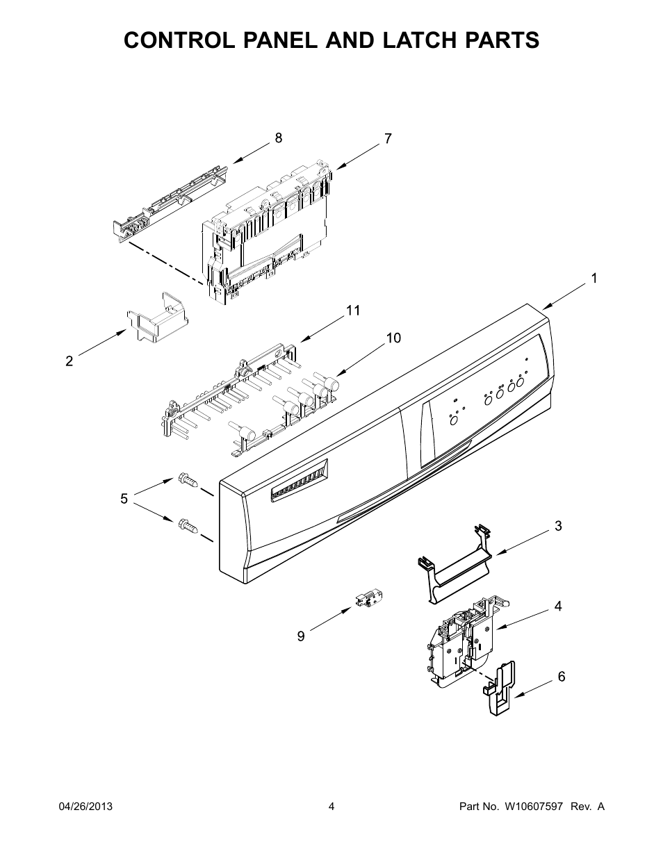 Control panel and latch, Control panel and latch parts | Whirlpool WDF110PABB User Manual | Page 4 / 22