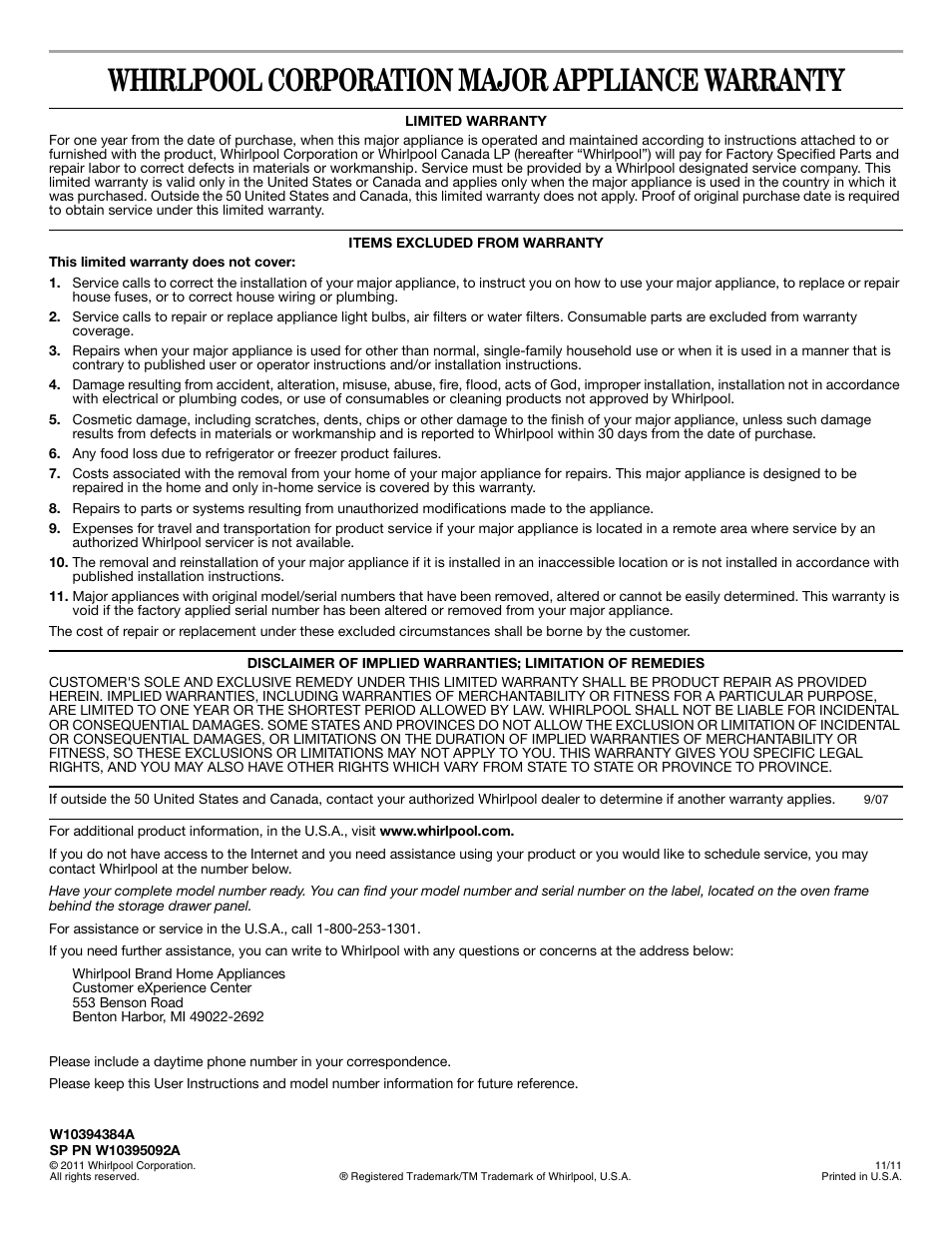 Whirlpool WFE524CLBS User Manual | 1 page