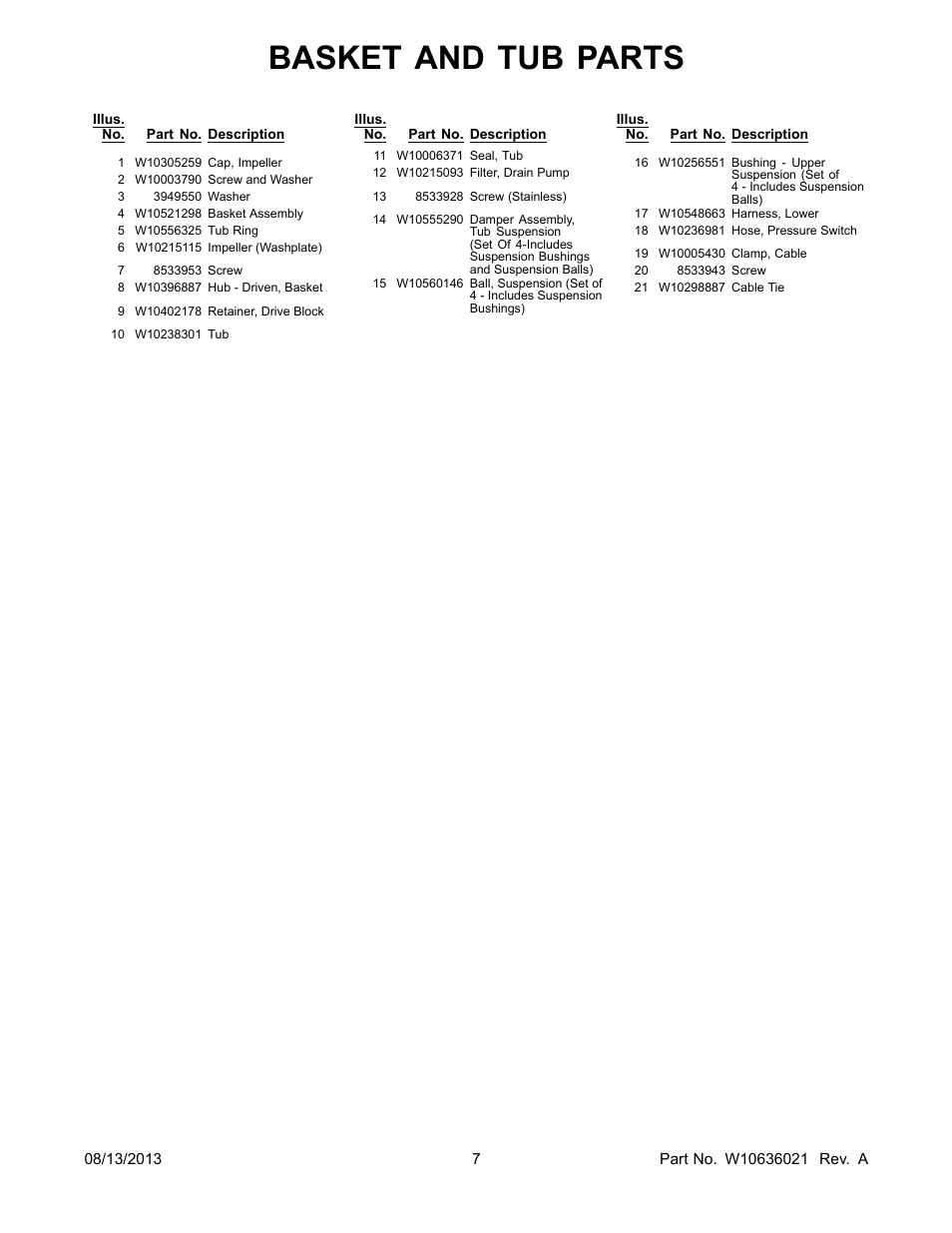 Basket and tub parts | Whirlpool WTW4900BW User Manual | Page 7 / 10
