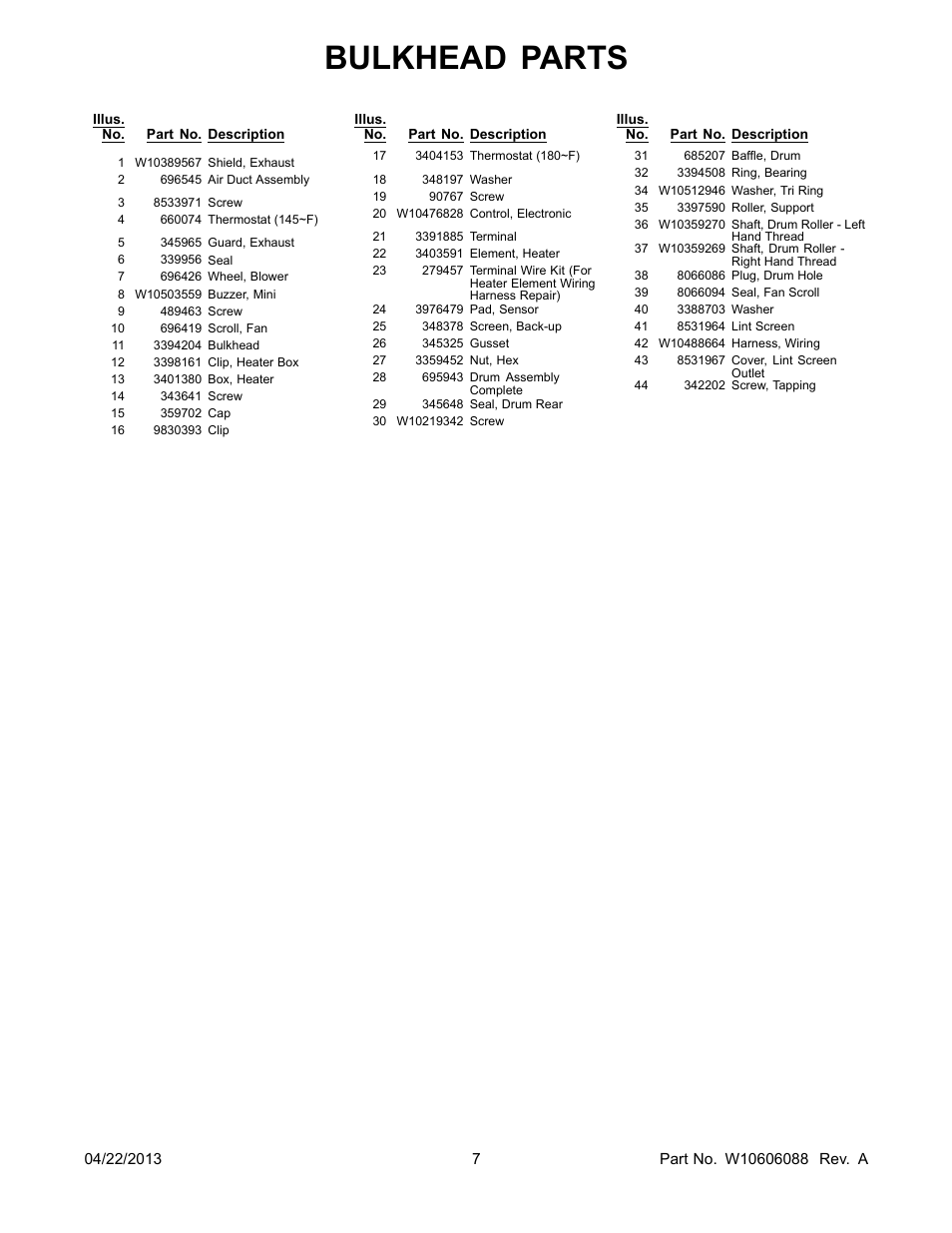 Bulkhead parts | Whirlpool LDR3822PQ User Manual | Page 7 / 8