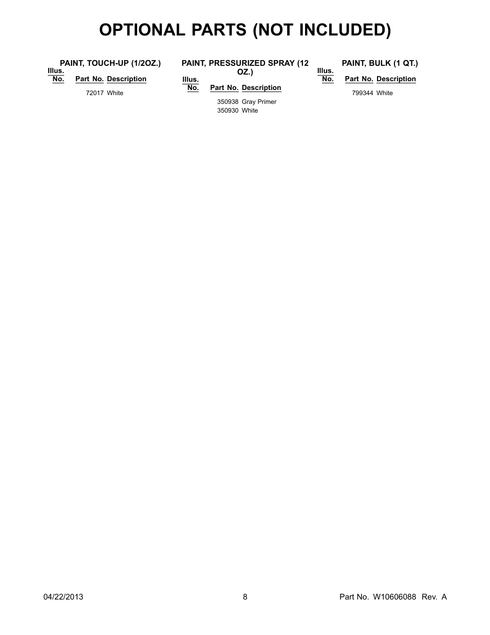 Optional, Optional parts (not included) | Whirlpool LDR3822PQ User Manual | Page 8 / 8