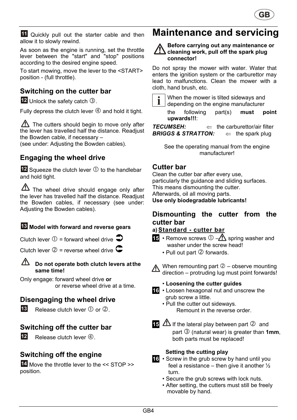 Maintenance and servicing, Switching on the cutter bar, Engaging the wheel drive | Disengaging the wheel drive, Switching off the cutter bar, Switching off the engine, Cutter bar, Dismounting the cutter from the cutter bar | AL-KO 426 036 User Manual | Page 8 / 25