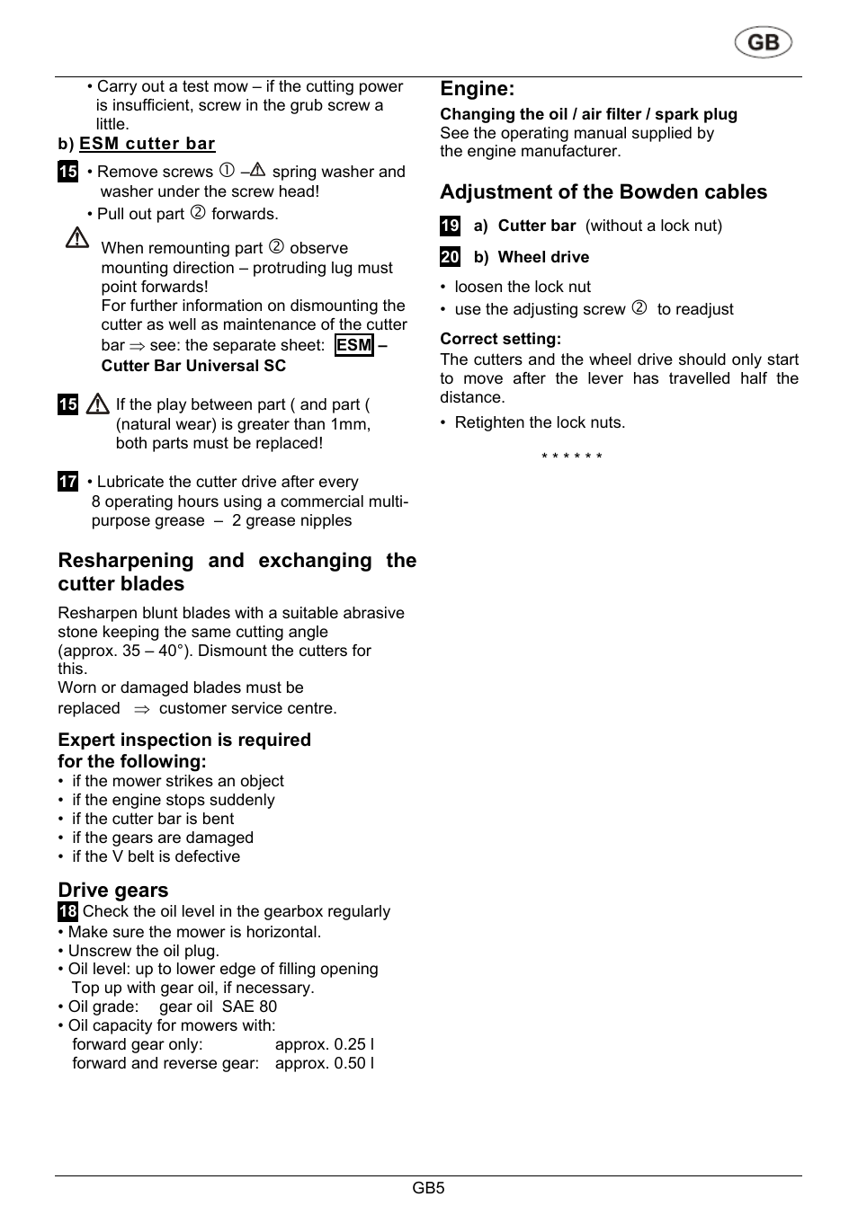 Resharpening and exchanging the cutter blades, Drive gears, Engine | Adjustment of the bowden cables | AL-KO 426 036 User Manual | Page 9 / 25