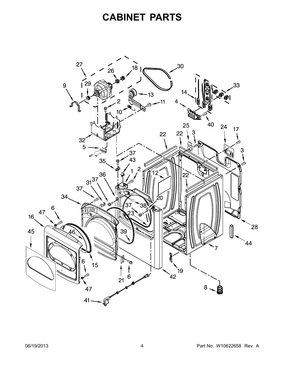 Cabinet, Cabinet parts | Whirlpool WED8100BW User Manual | Page 4 / 8