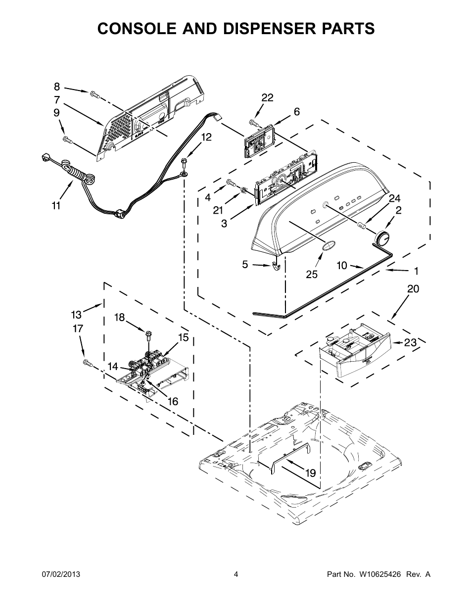 Console and dispenser, Console and dispenser parts | Whirlpool WTW5800BW User Manual | Page 4 / 10