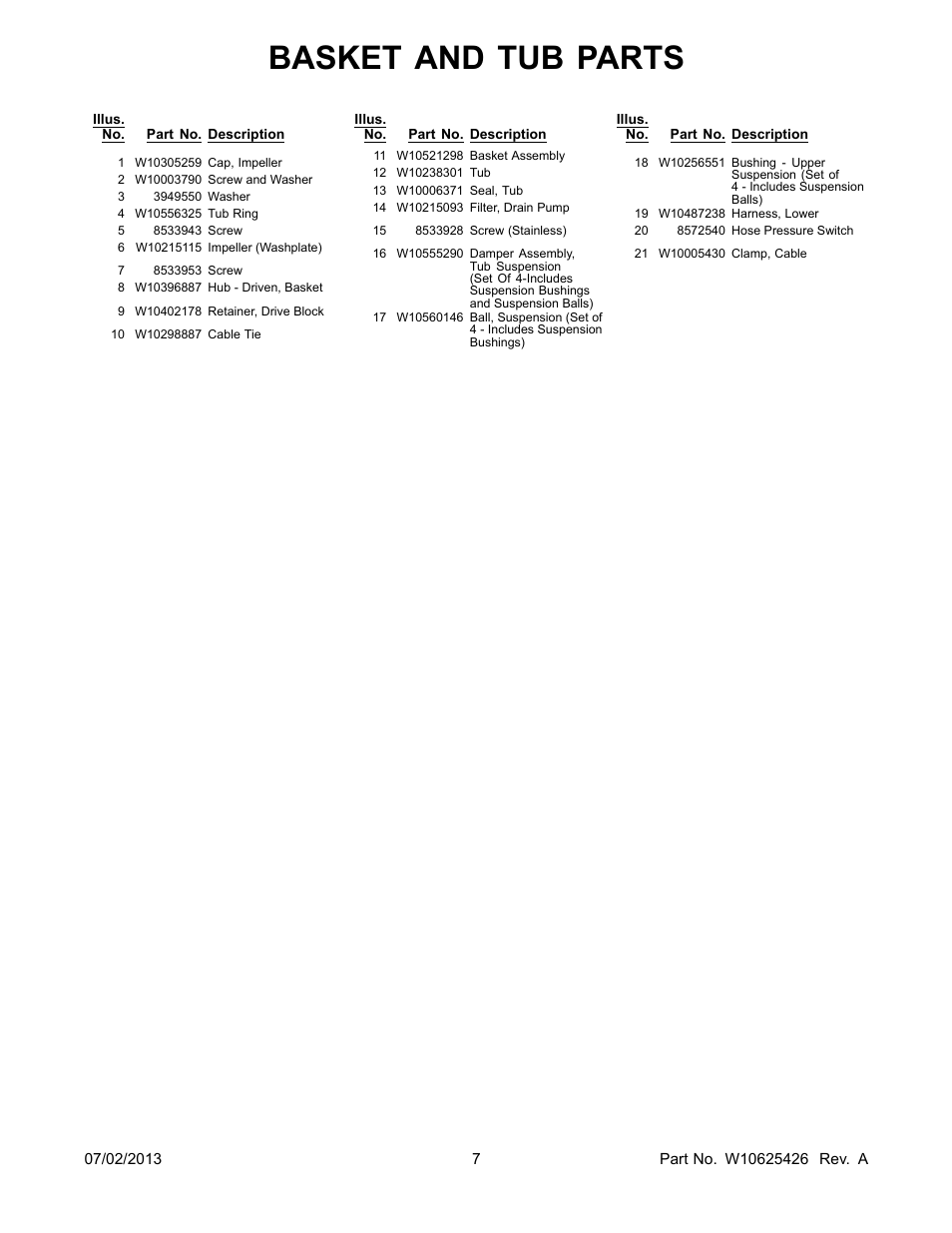 Basket and tub parts | Whirlpool WTW5800BW User Manual | Page 7 / 10