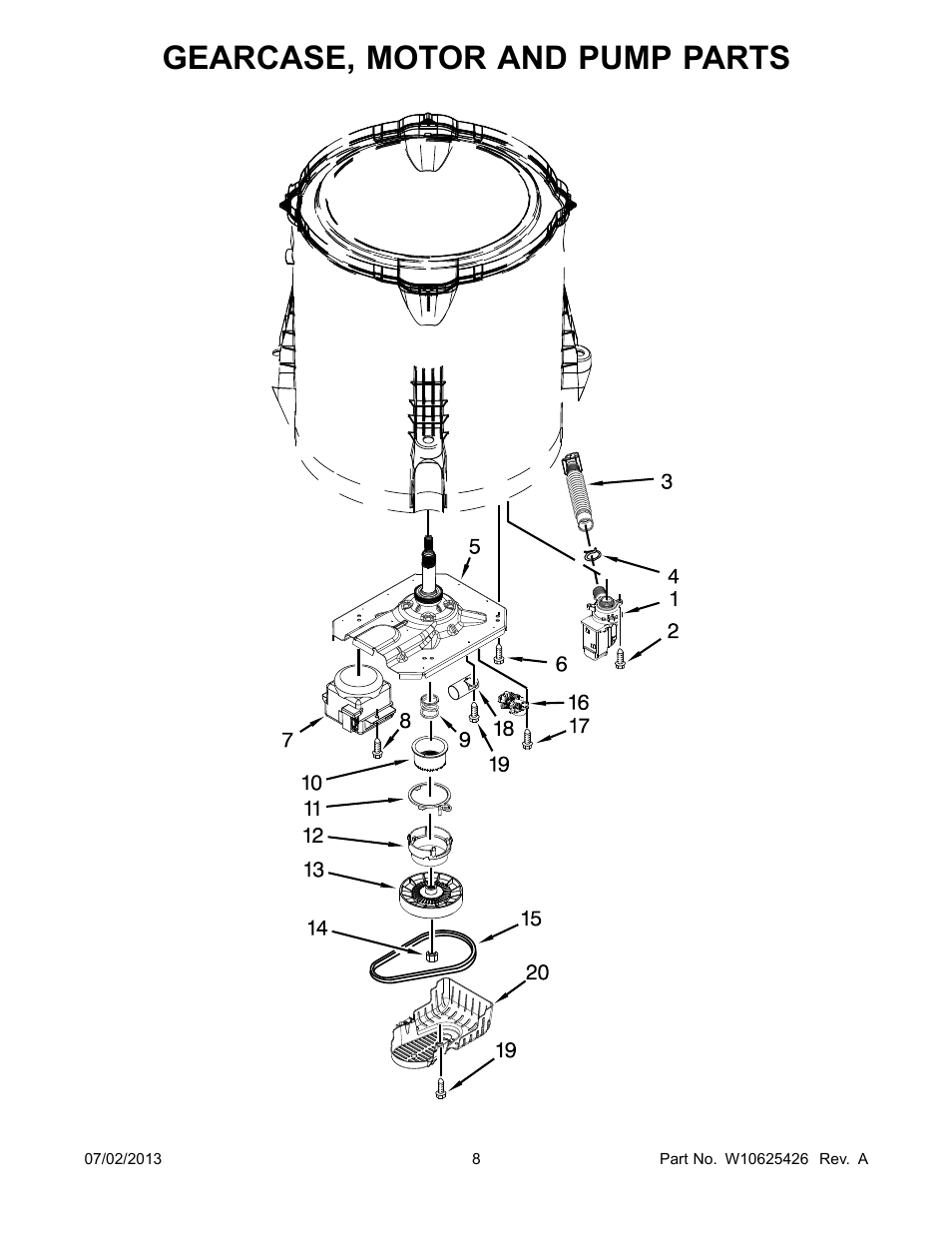 Gearcase, motor and pump, Gearcase, motor and pump parts | Whirlpool WTW5800BW User Manual | Page 8 / 10