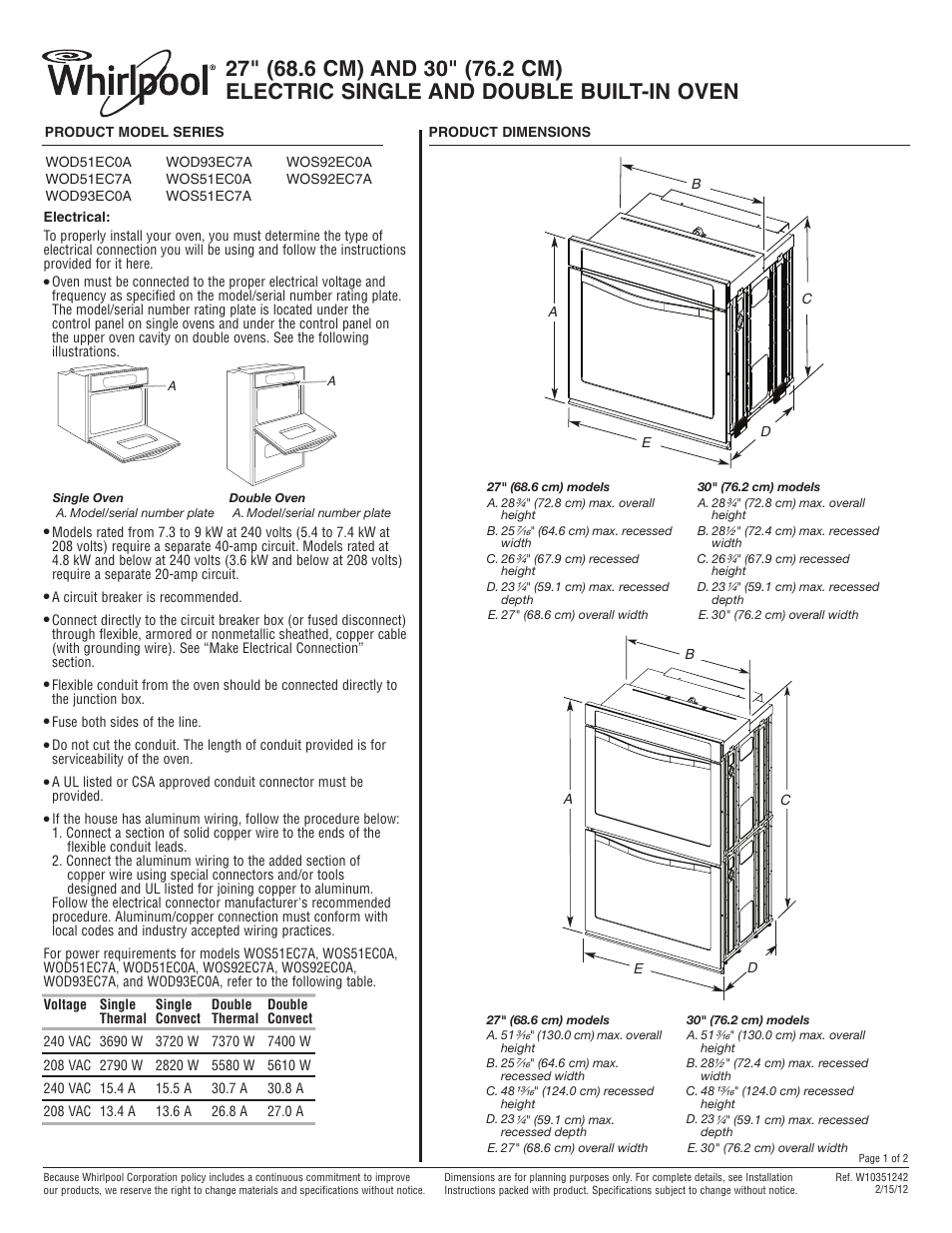 Whirlpool WOD51EC0AS User Manual | 2 pages